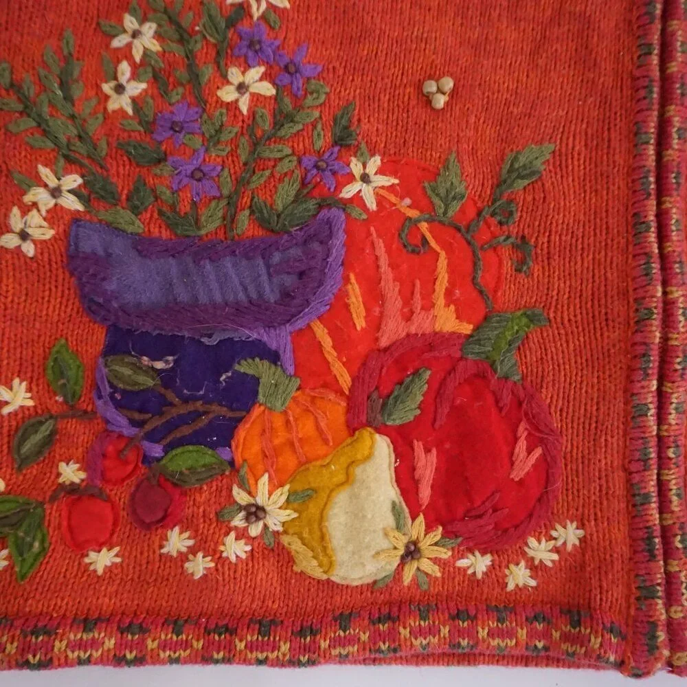 Vintage Tiara Orange Embroidered Pumpkin Harvest Halloween Folk Art Zip Vest L - Picture 7 of 9